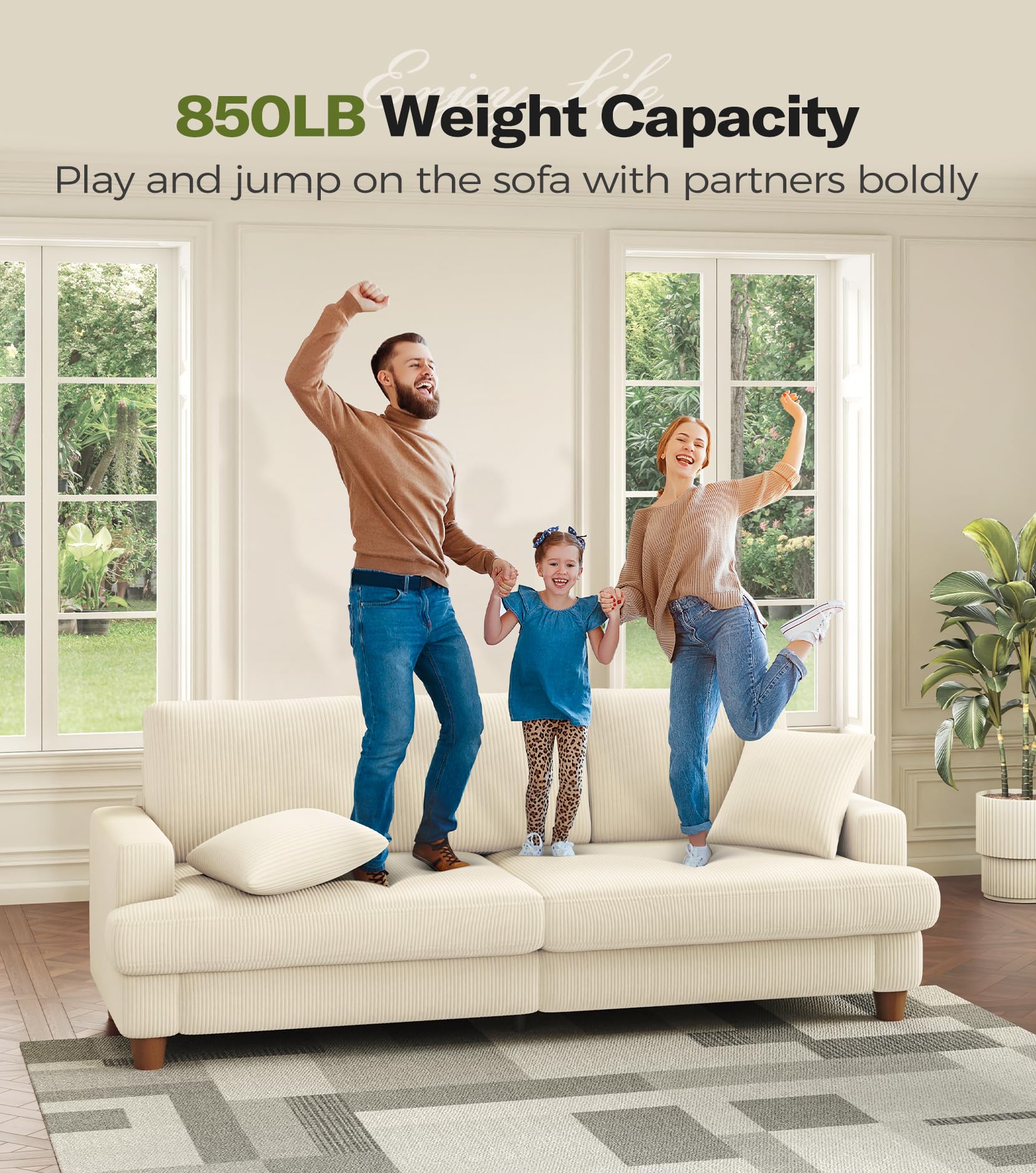87in Beige White Sofa, Couches for Living Room 21in Extra Deep Seats