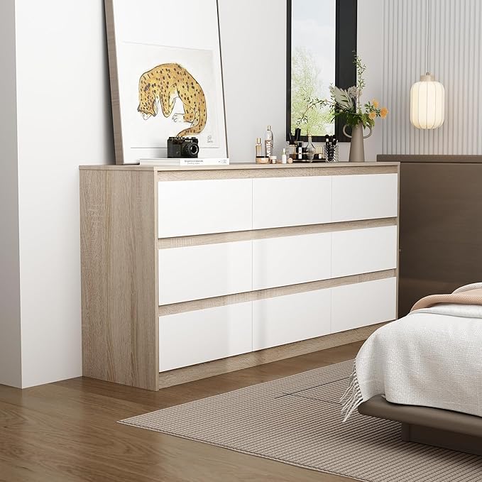 9 Drawers Double Dresser, Modern Wood Dresser Chest of Drawers