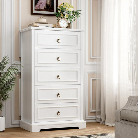 5 Drawers Dresser, 44" Tall Dresser with 5 Drawers, White Chest of Drawers with Storage, Modern Farmhouse Wood Dressers for Closet, Living Room, Hallway