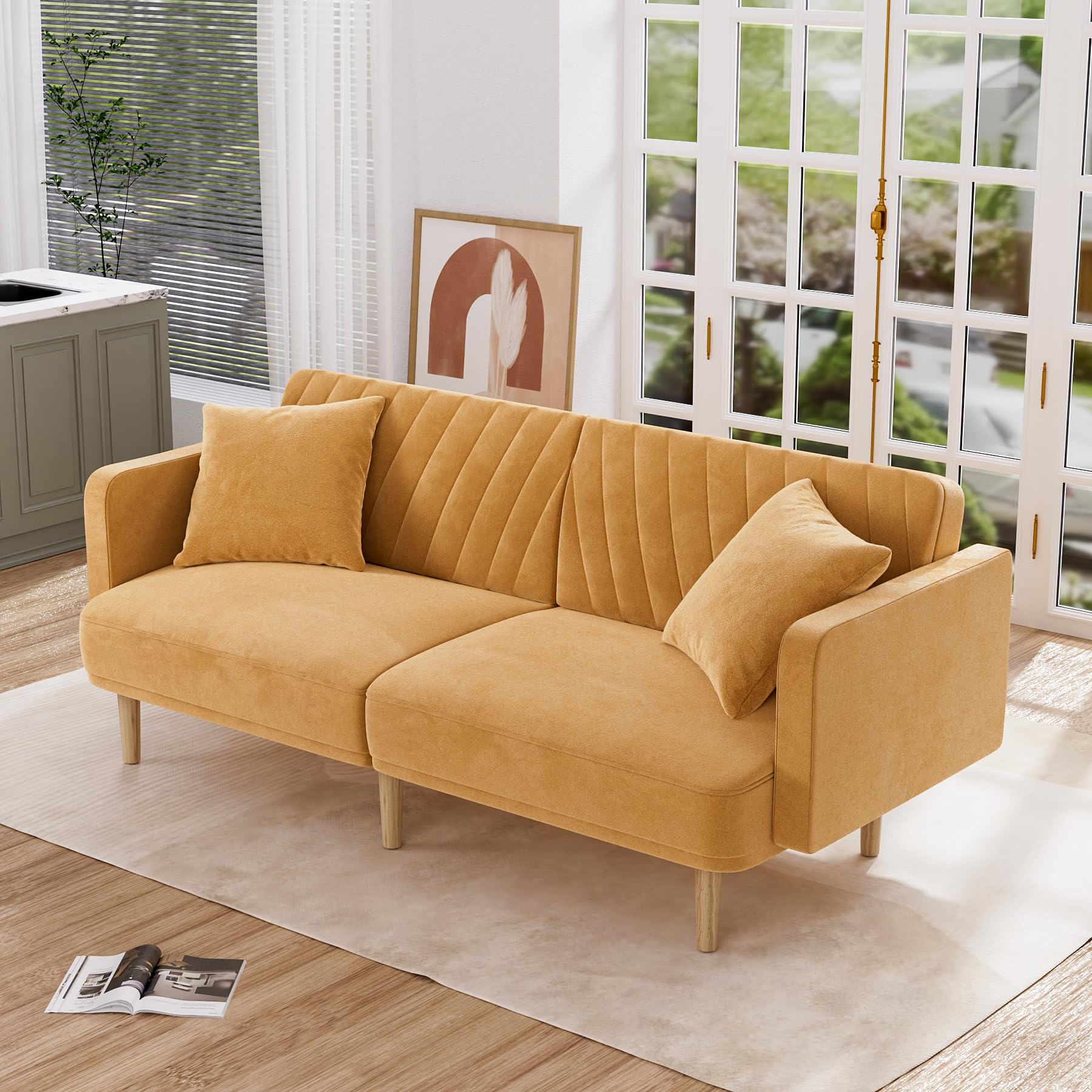 Futon Sofa Bed, Small Couch Mid Century Modern Loveseat with 2 Pillows, 75" W Convertible Futon