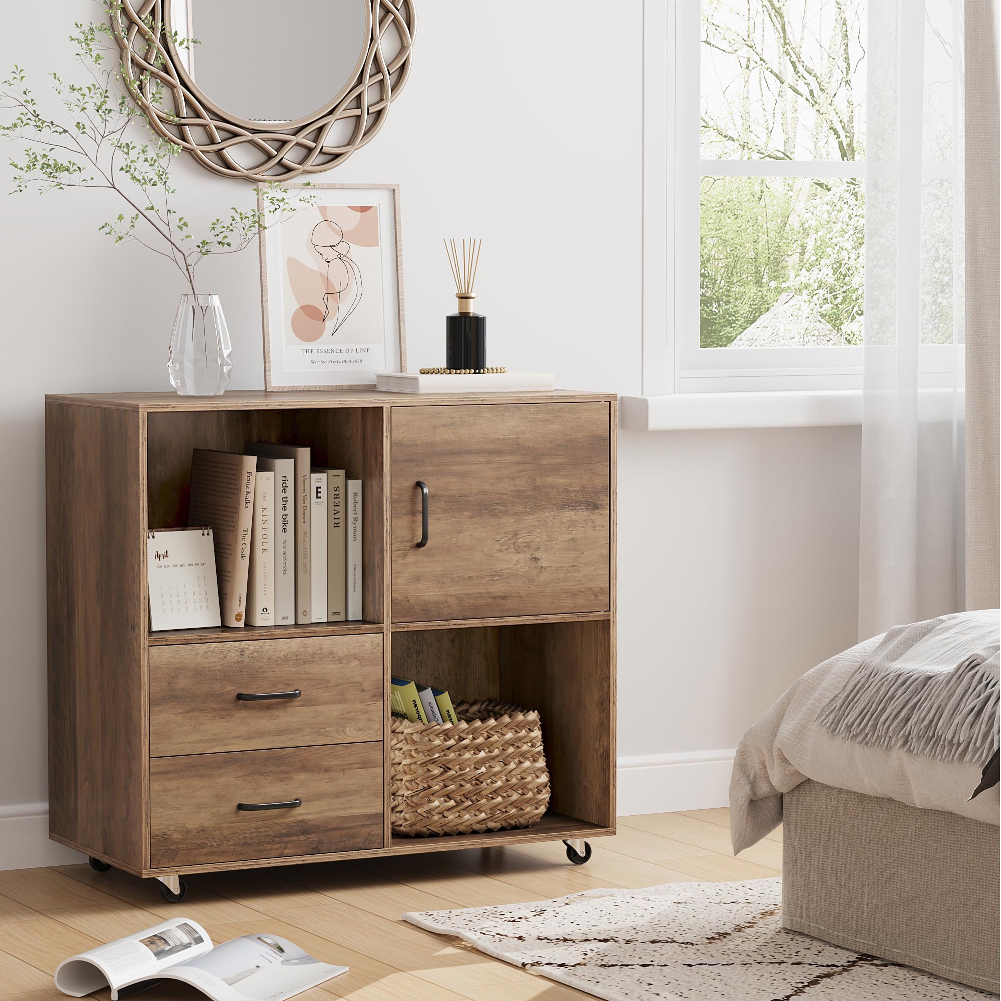 File Cabinet, Wood Filing Cabinet with 2 Drawers, Printer Stand Lateral Mobile