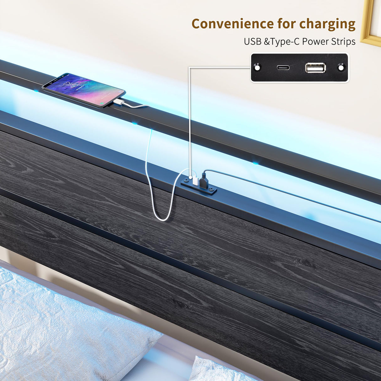 Queen Metal Platform Bed Frame with LED Headboard & USB Charging
