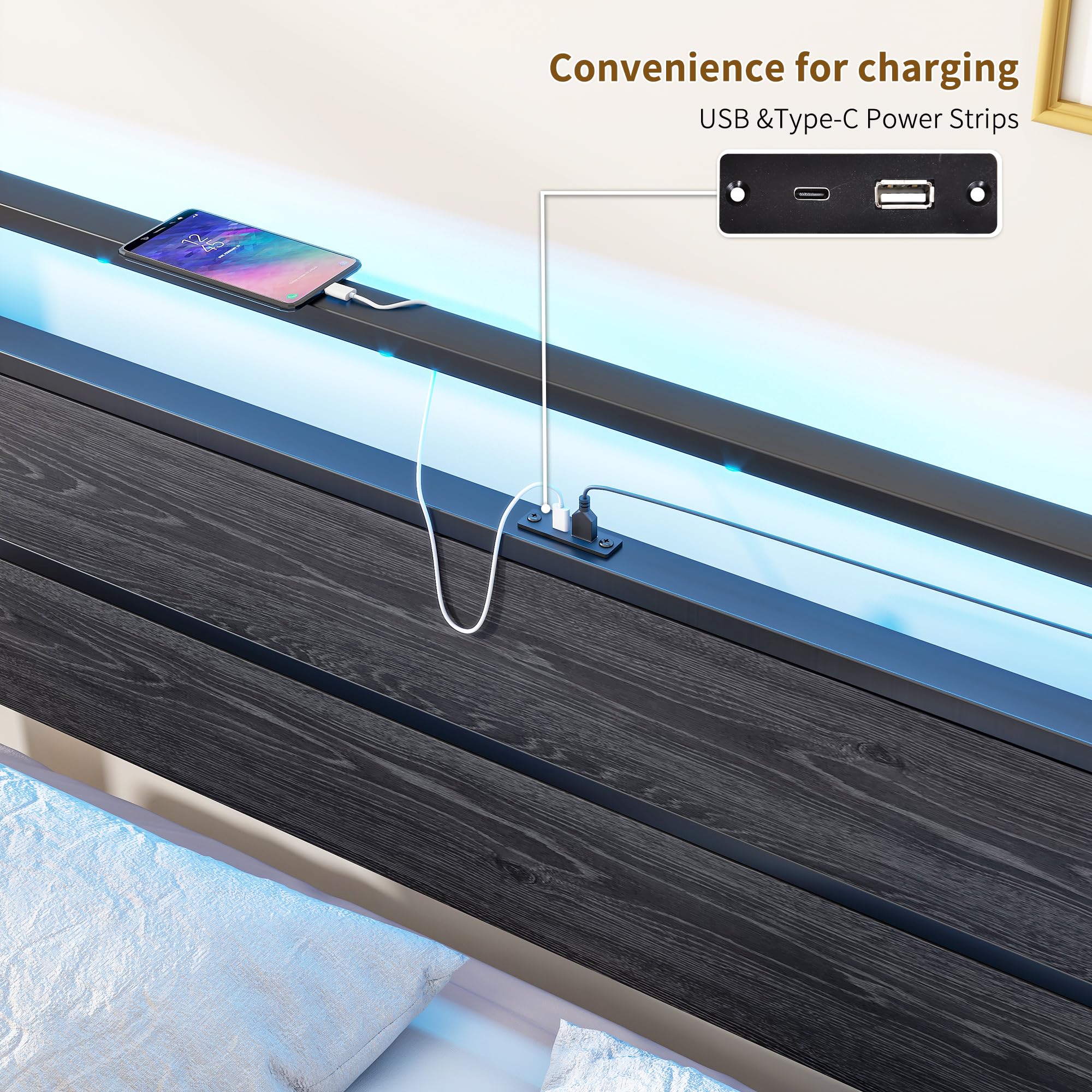 Queen Metal Platform Bed Frame with LED Headboard & USB Charging