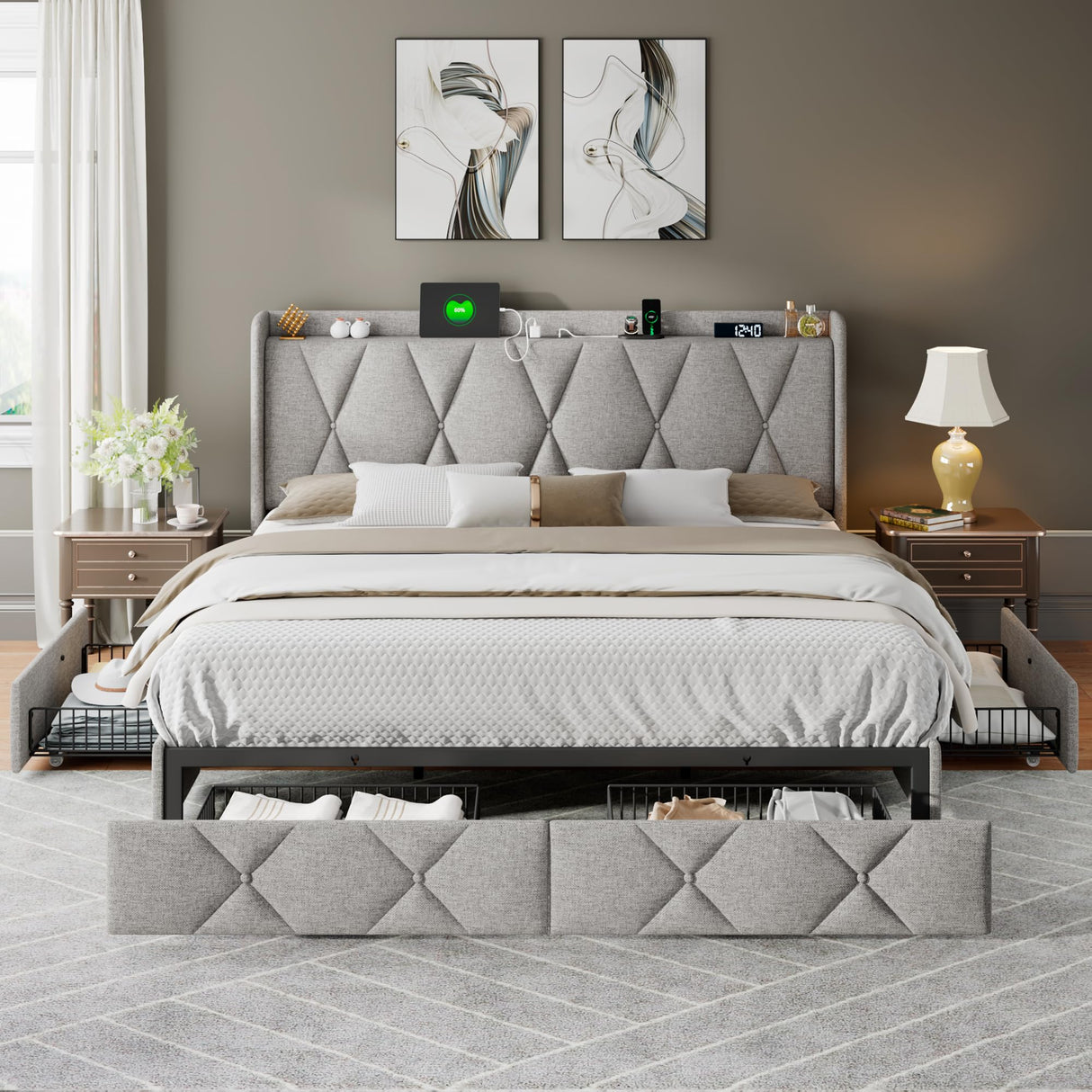 King Bed Frame with 4 Storage Drawers, Upholstered Button Tufted Storage Headboard