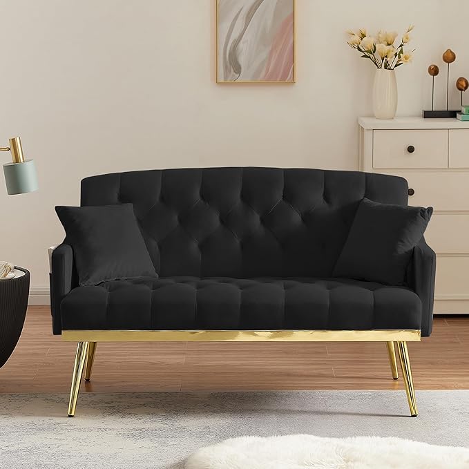 55-Inch Modern Velvet Loveseat Sofa with Gold Metal Legs & Side Pockets