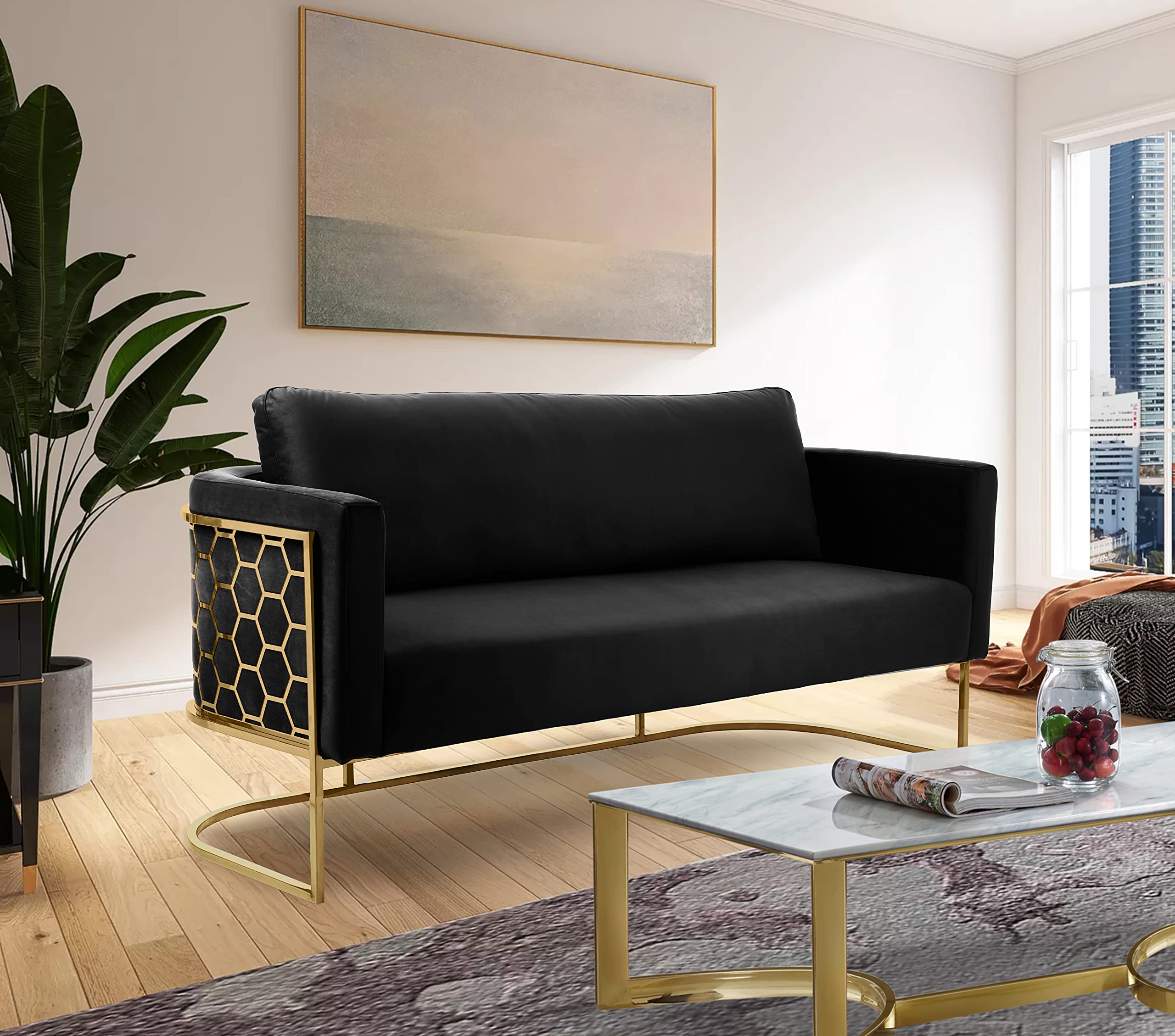 692Black-S Casa Collection Velvet Upholstered Sofa with Gold Iron Metal Design