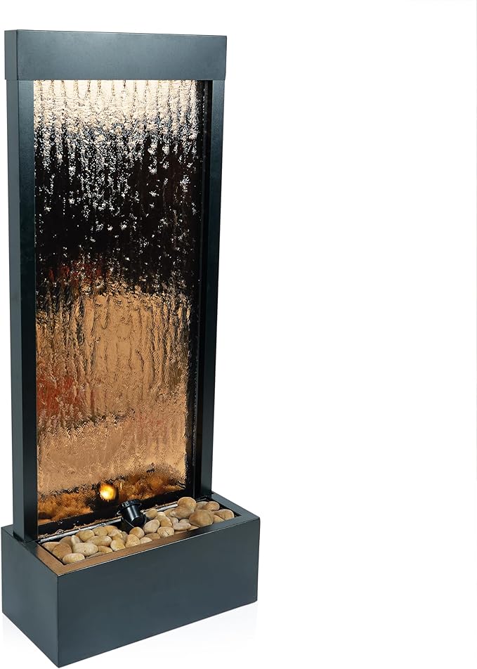 Mirror Waterfall Fountain with Stones & Lights - Zen Indoor/Outdoor Decor for Office