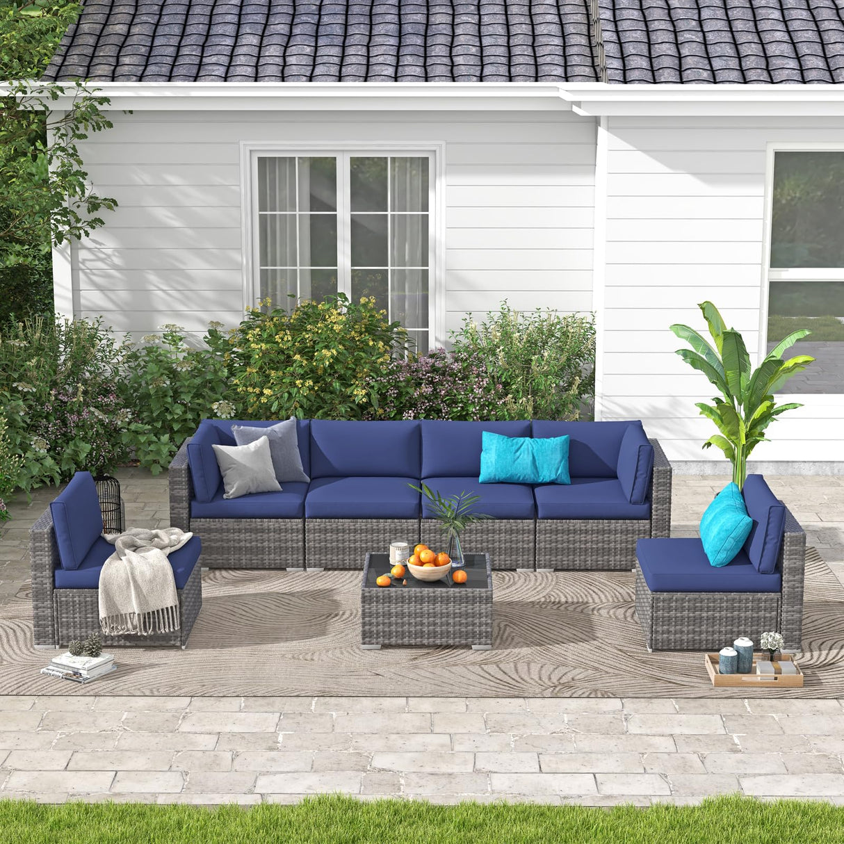 Piece Patio, Outdoor Sectional Furniture with Tempered Glass Table