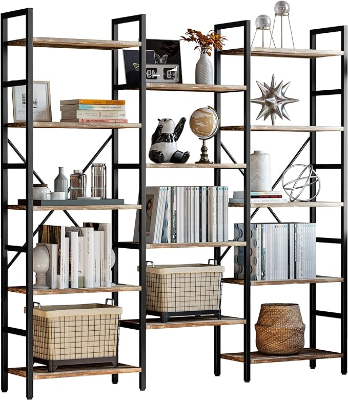 Bookshelves 6 Tiers Triple Wide Industrial Bookshelf, Large Etagere Bookshelf Open Display Shelves