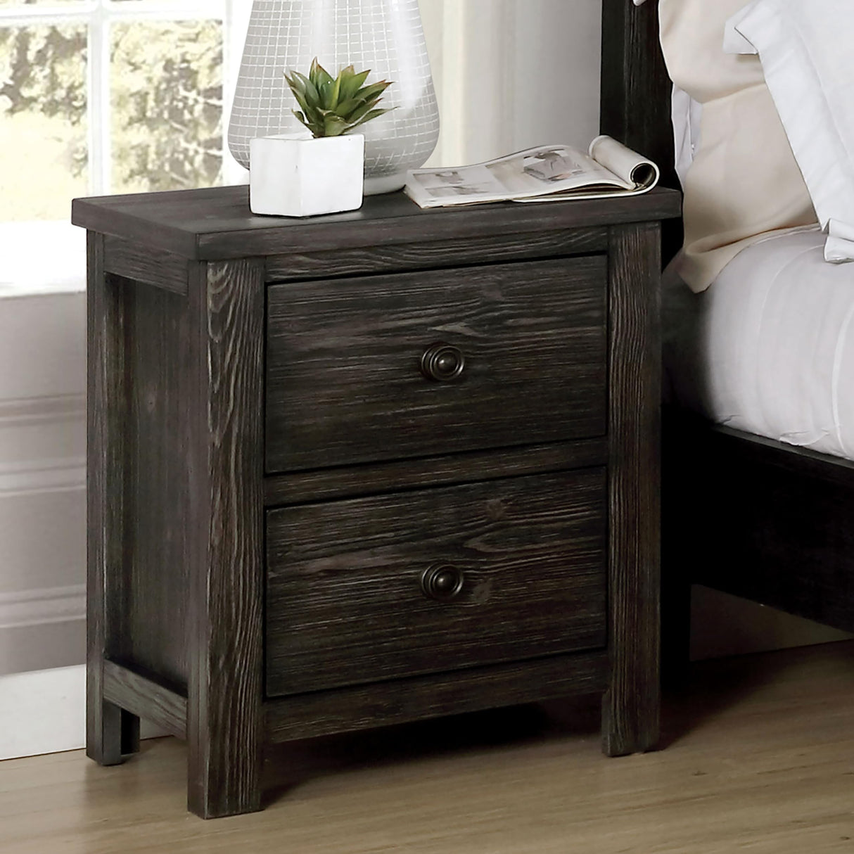 of America Orwood Solid Wood 2-Drawer Nightstand with USB Charger, Felt-Lined Top