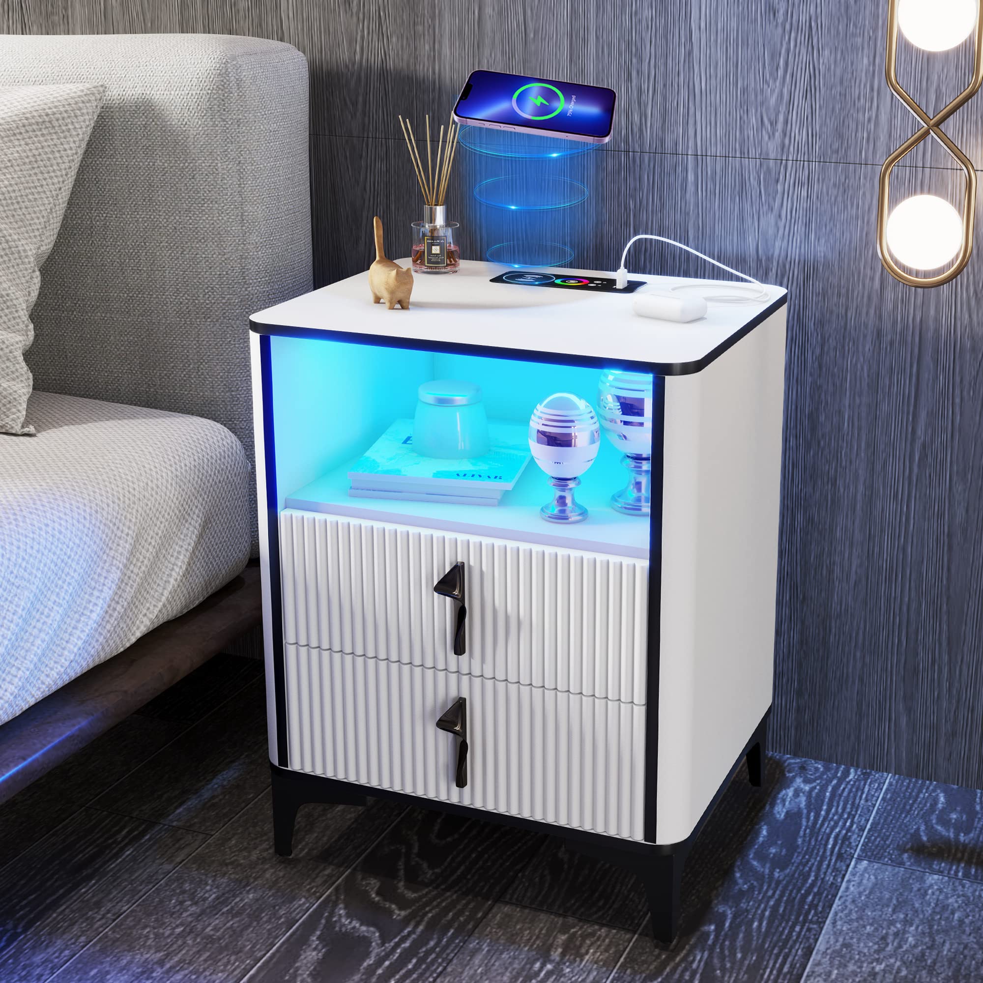 RGB Nightstand with Wireless Charging Station,USB & Type-C Port,Night Stand for Bedroom,Modern