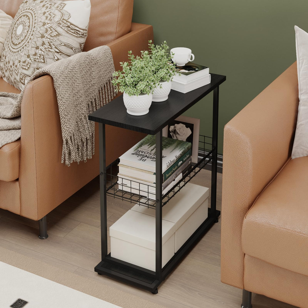 Side Table, 3-Tier End Table, Narrow Sofa Table Bedside Table, Small Nightstand