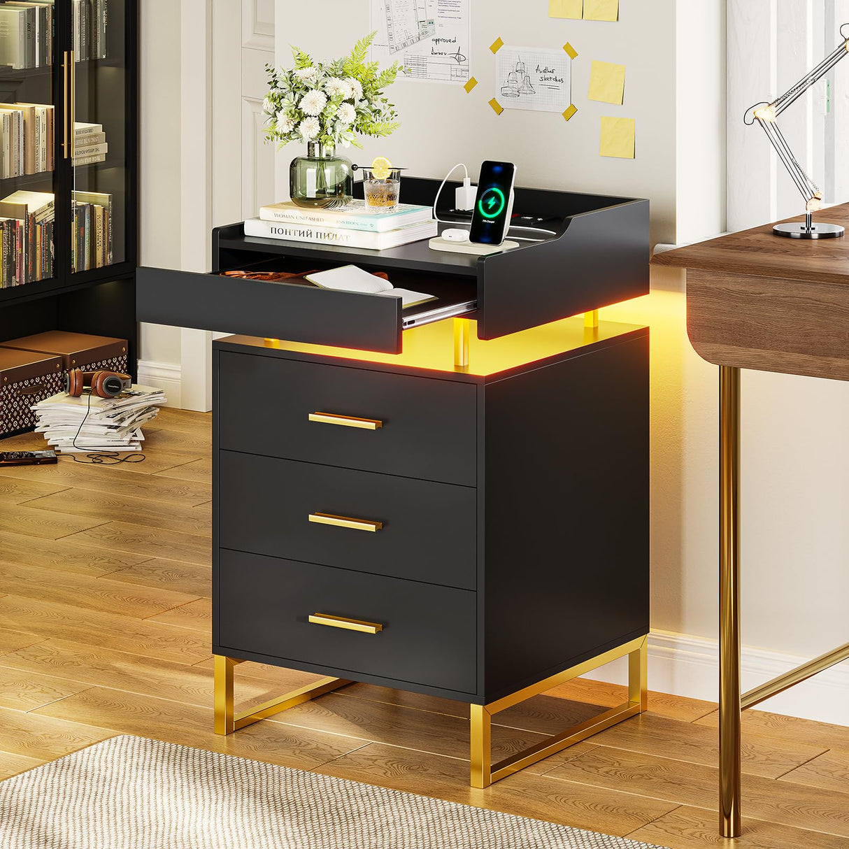 LED Nightstand with Charging Station, Night Stand with 3 Drawers and 1 Pull-Out Tray,