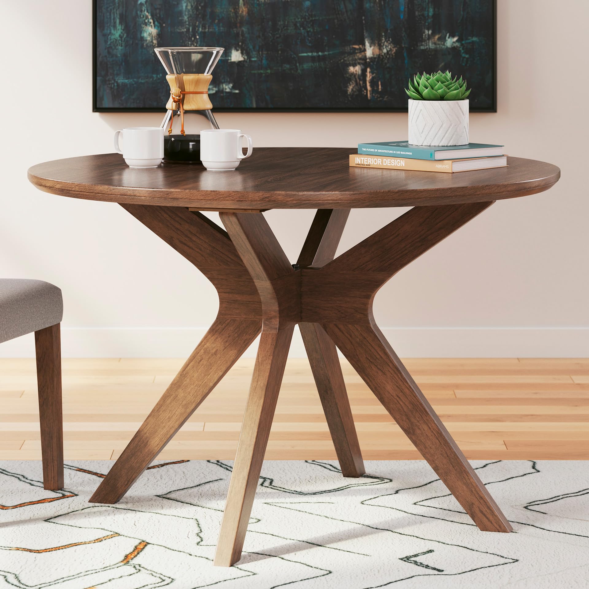 Lyncott Round Dining Table - Traditional Brown Wood, Seats 4
