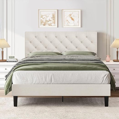 Full Size Bed Frame with Button Tufted Headboard, Linen Upholstered Platform Bed