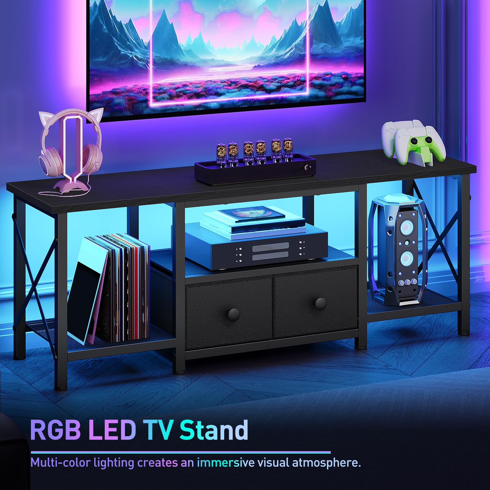 TV Stand with LED Lights - 50 Inch Entertainment Center with Storage