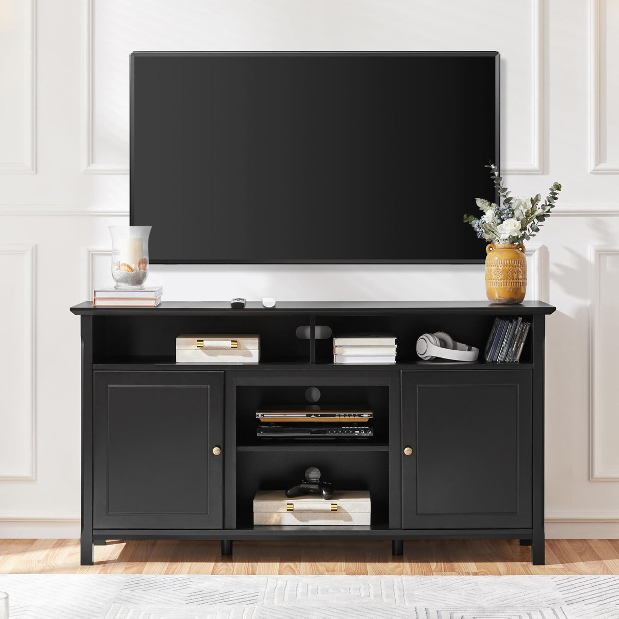 Black TV Stand for TVs up to 65 Inch, Modern Media Entertainment Center with Double