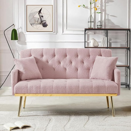 Velvet Loveseat Sofa, Modern Small Sofa Couch with Side Pocket and Golden Metal Legs, Tufted Leisure Sofa for Living Room, Bedroom, Office, Pink