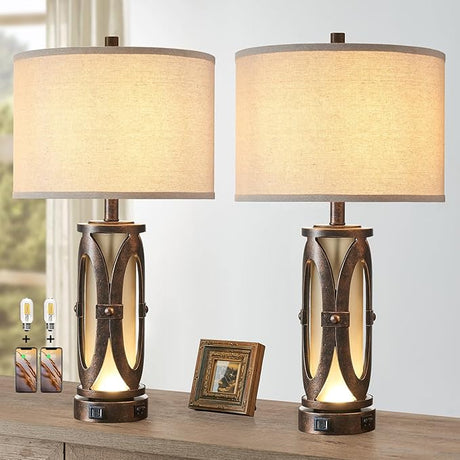 Table Lamps Set of 2 for Living Room, Rustic Farmhouse Bedroom Nightstand Lamp with Dual USB Ports,