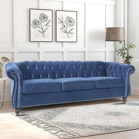 Modern Tufted Couch 3 Seater with Rolled Arms and Nailhead