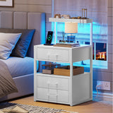 with Charging Station and LED Lights, LED Night Stand with 2 USB Ports and 2 AC Outlets, Modern End Table with 3 Drawers, Bedside Table with Open Storage for Bedroom, White