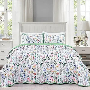 Floral Quilt Queen Size Lightweight Reversible Bedspread Coverlet Set 3 Piece Microfiber