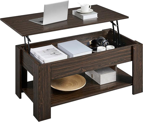 Coffee Table with Hidden Compartment and Storage Shelf, Rising Tabletop Dining Table