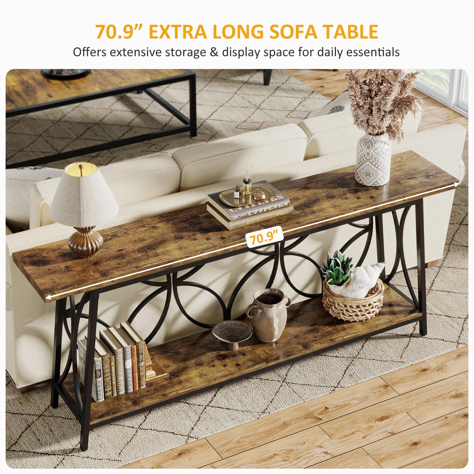 70.9-Inch Rustic Brown Console Table with Storage - 2-Tier Sofa Table