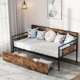 Twin Daybed with Trundle, Rustic Metal Sofa Bed Frame with Wooden Headboards