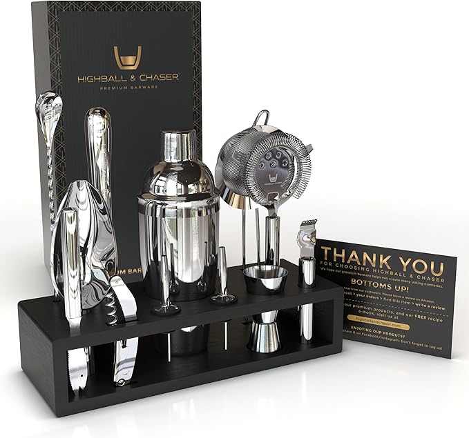 13-Piece Cobbler Cocktail Shaker Set: Black Polished Stainless Steel Bartender Kit For