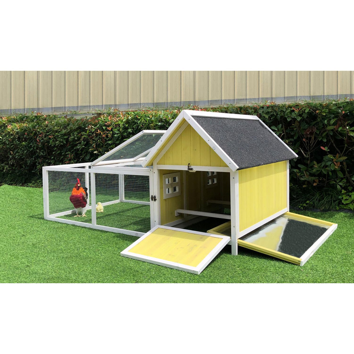 Outdoor Wooden Chicken Coop with Ramp, Large Wire Mesh Chicken Run