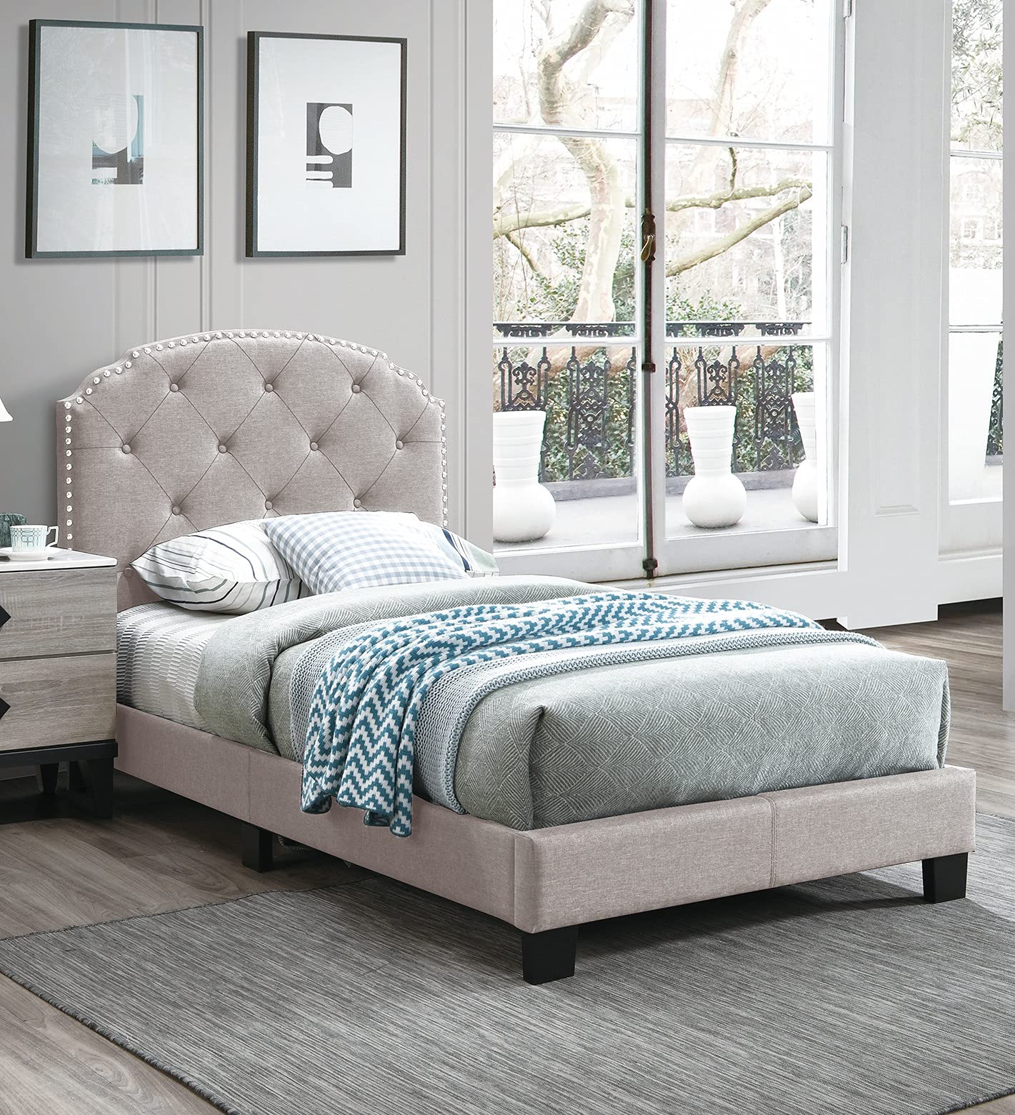 Button Tufting Design Twin Bed in Light Brown