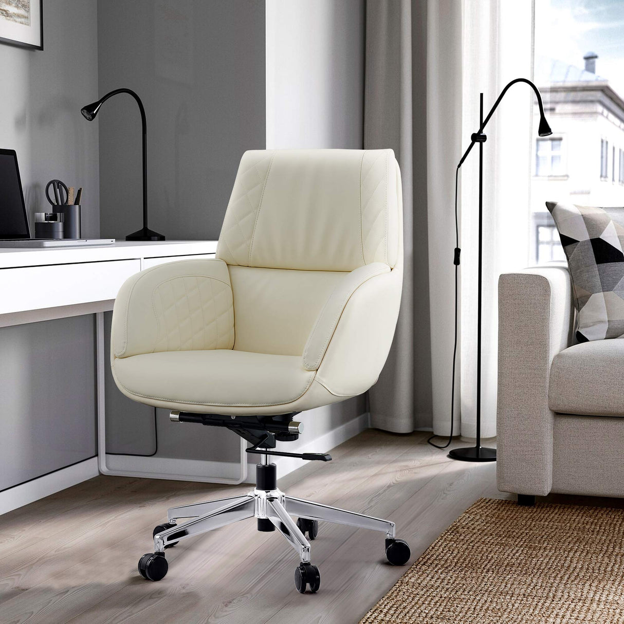 Executive Office Chair White Ergonomic Office Chair PU Leather Upholstered Swivel Chair