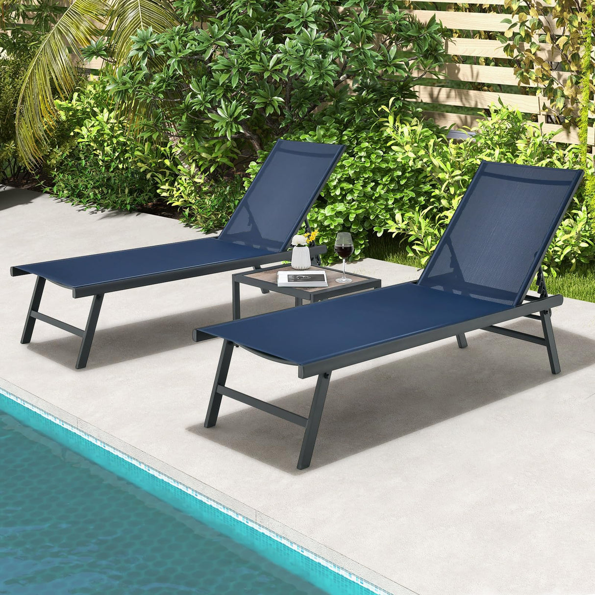 3 Piece Patio Chaise Lounge Set, Aluminum Patio Recliner with Coffee Table