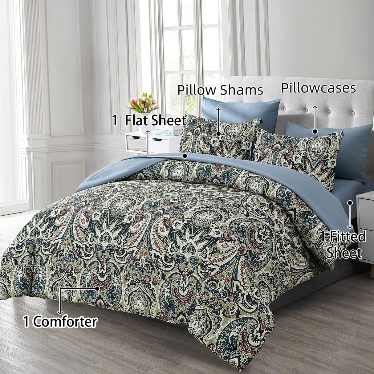 Boho Comforter Set King, 7 Pieces Bed in a Bag Comforter Boho Paisley Pattern Bedding