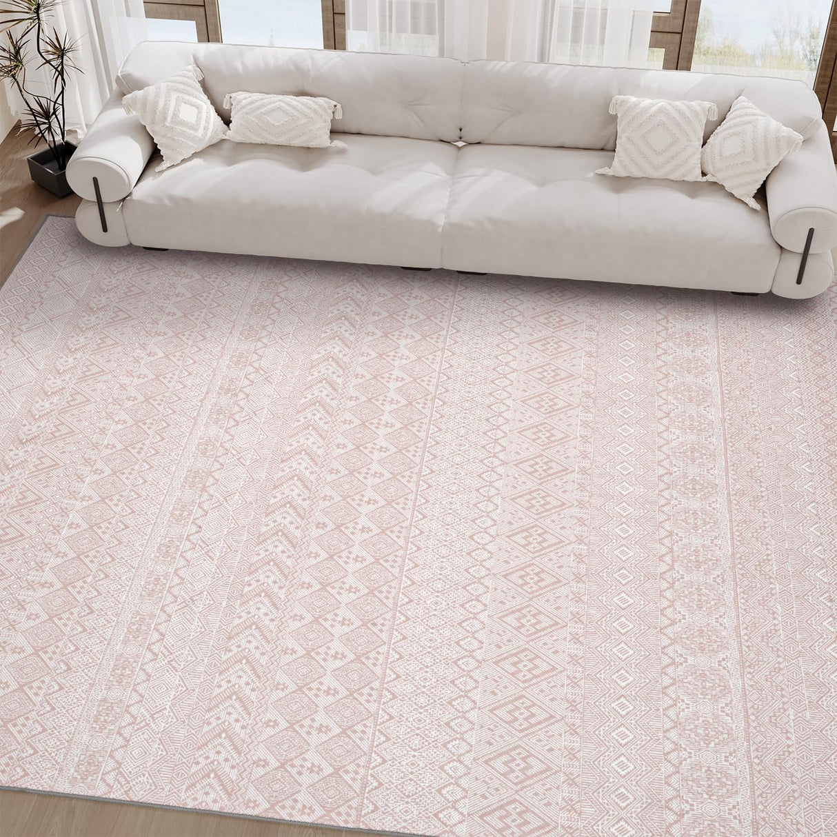 Boho Area Rugs for Living Room Rug Carpet 5x7 Machine Washable Rugs for Bedroom Dining Room Rug Modern Moroccan Neutral Farmhouse Nursery Office Rug Non Slip Large Pink Rug