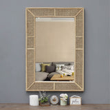 Wooden and Rattan Mirrors, Boho Rectangle Wall Mirror for Living Room