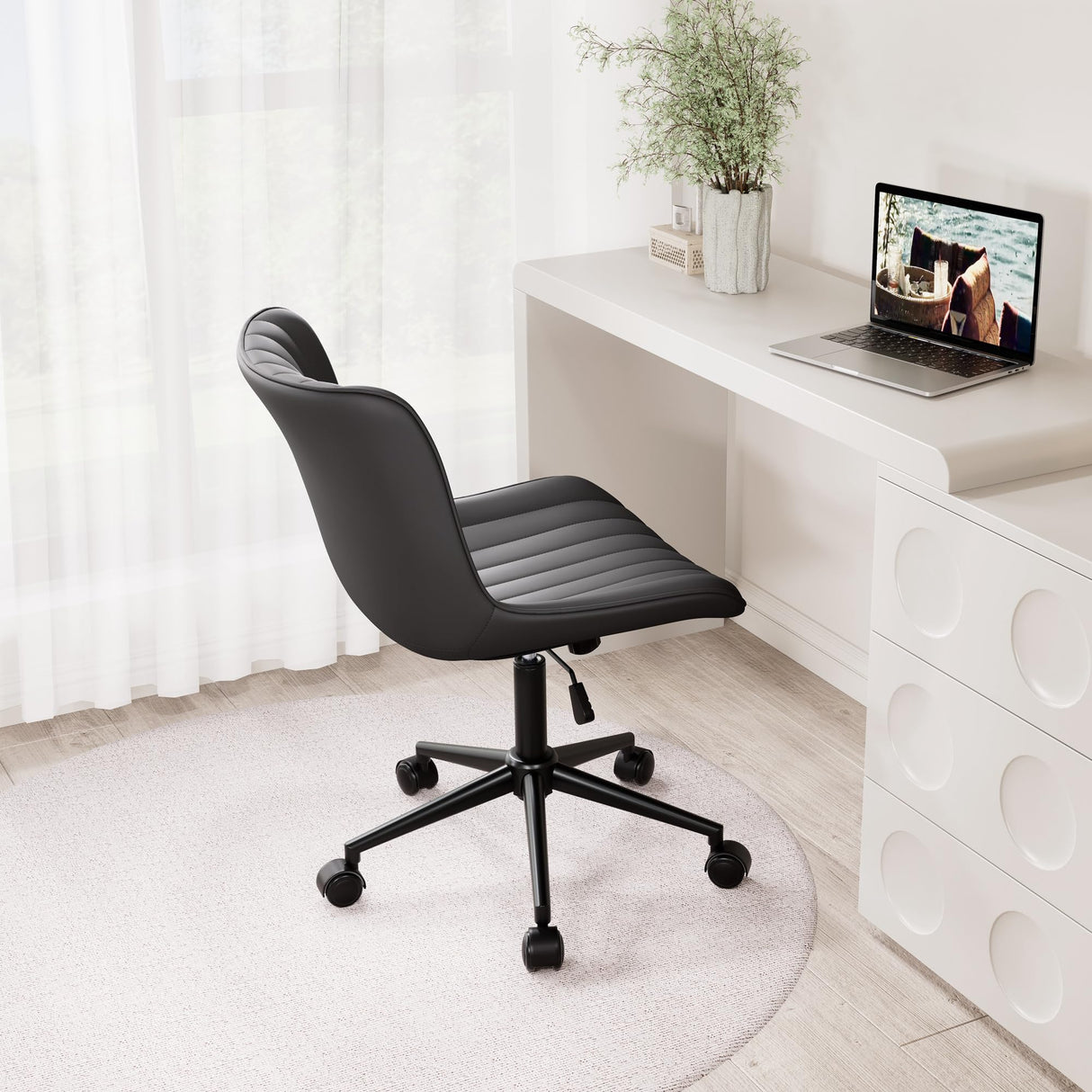 Black Ergonomic Home Office Desk Chair with Wheels Comfy Armless Criss Cross Chair