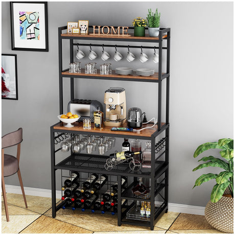 Wine Bar Cabinet with Outlet and LED Light, Freestanding Floor Liquor Cabinet