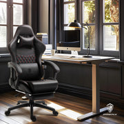 Dowinx Gaming/Office PC Chair with Massage Lumbar Support, Vintage Style PU Leather High Back Adjustable Swivel Task Chair with Footrest (Black and Red)