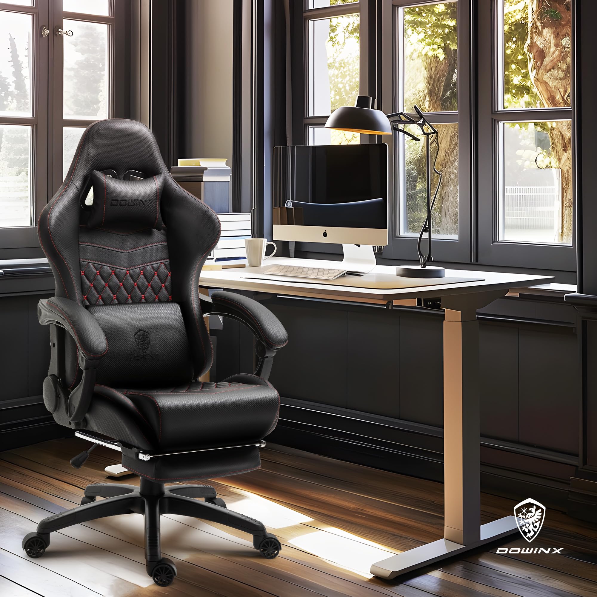 Dowinx Gaming/Office PC Chair with Massage Lumbar Support, Vintage Style PU Leather High Back Adjustable Swivel Task Chair with Footrest (Black and Red)