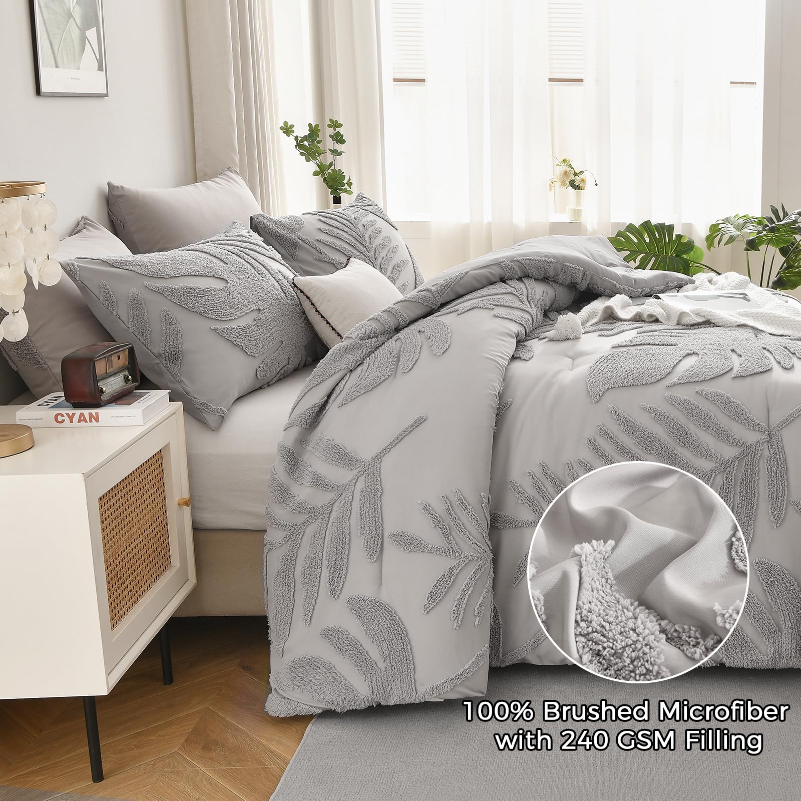 Floral Tufted Palm Leaf Comforter Set - King Size Grey Botanical Bedding