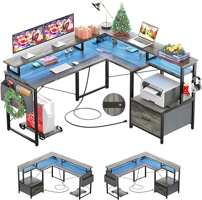 L Shaped Desk with Power Outlet and LED Strip, Reversible L Shaped Computer Desk