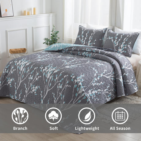 Summer Quilt Sets Queen Grey Blue (96x90 Inch), 3 Pieces Floral Lightweight