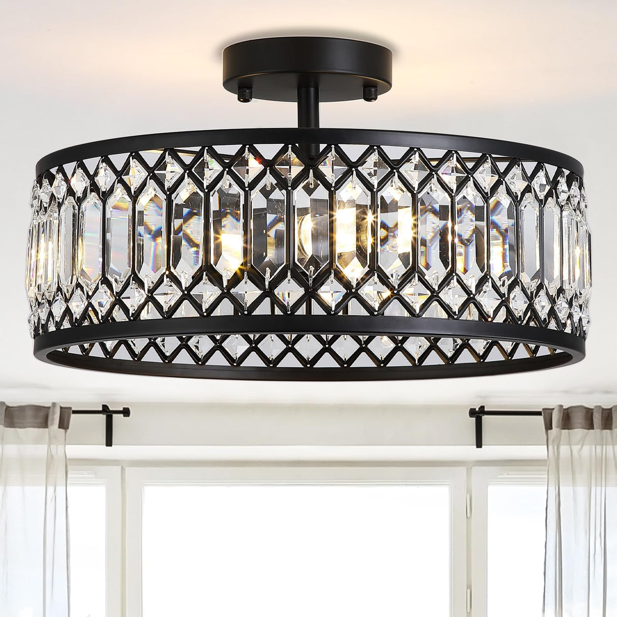 16" Black Crystal Ceiling Light - 3-Light Semi Flush Mount Chandelier