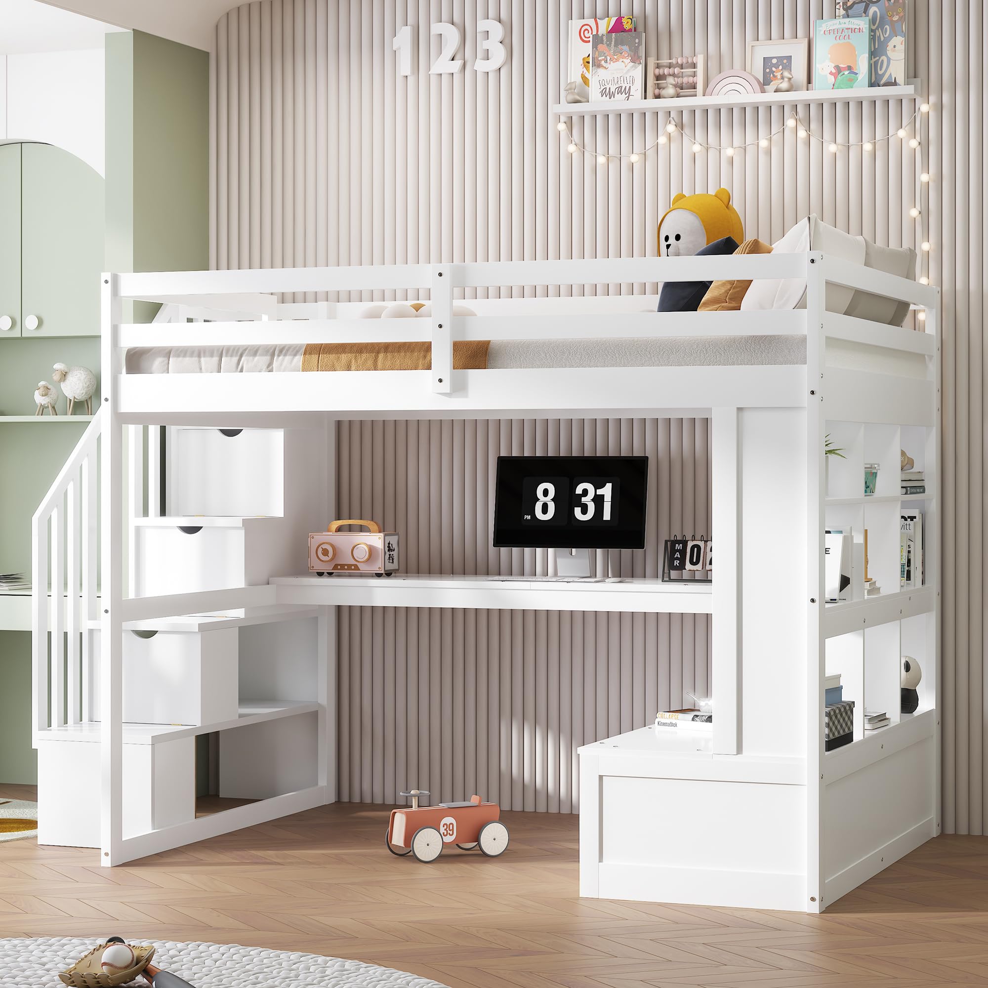 Size Loft Bed with Desk and Storage Stairs, Wood Loft Bed Full with Shelves & 2 Storage