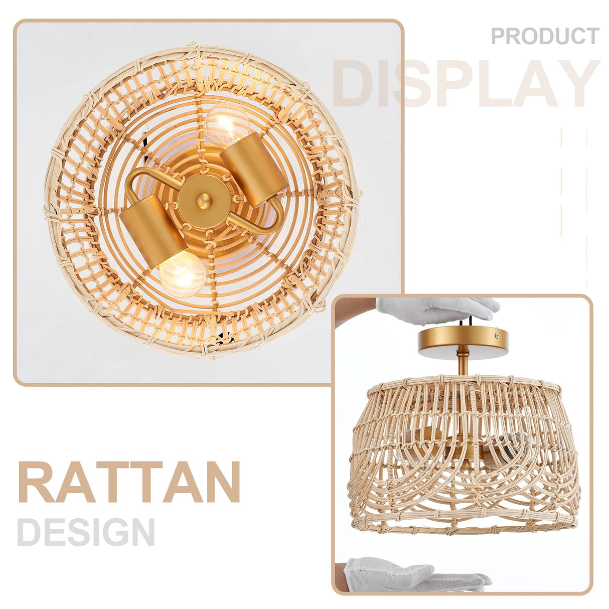 Woven Rattan Bamboo Brass Flush Mount Ceiling Light， Wicker Light Fixture for Entryway