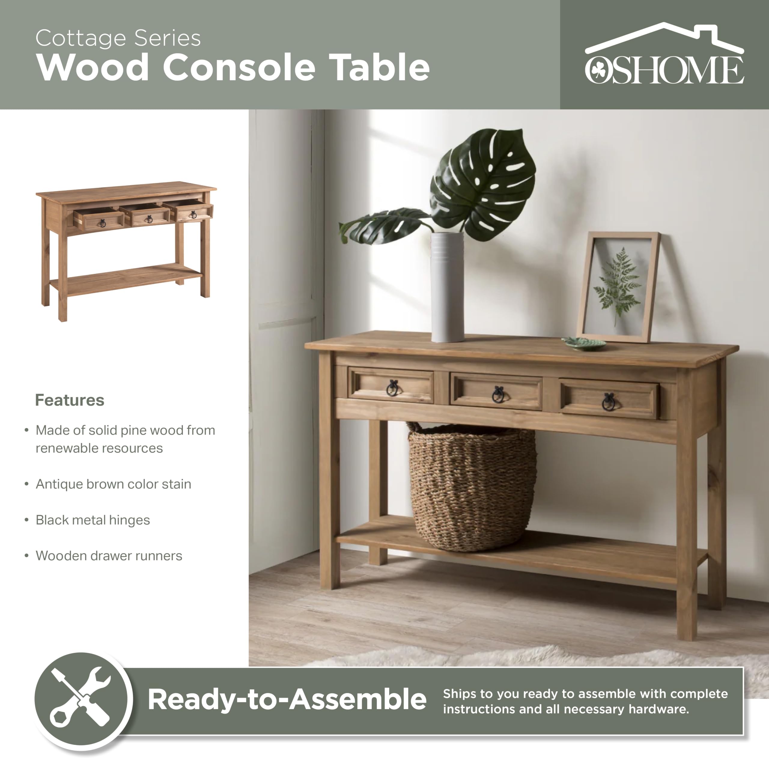 Solid Pine Hall Table Console with 3 Drawers - Corona Brown