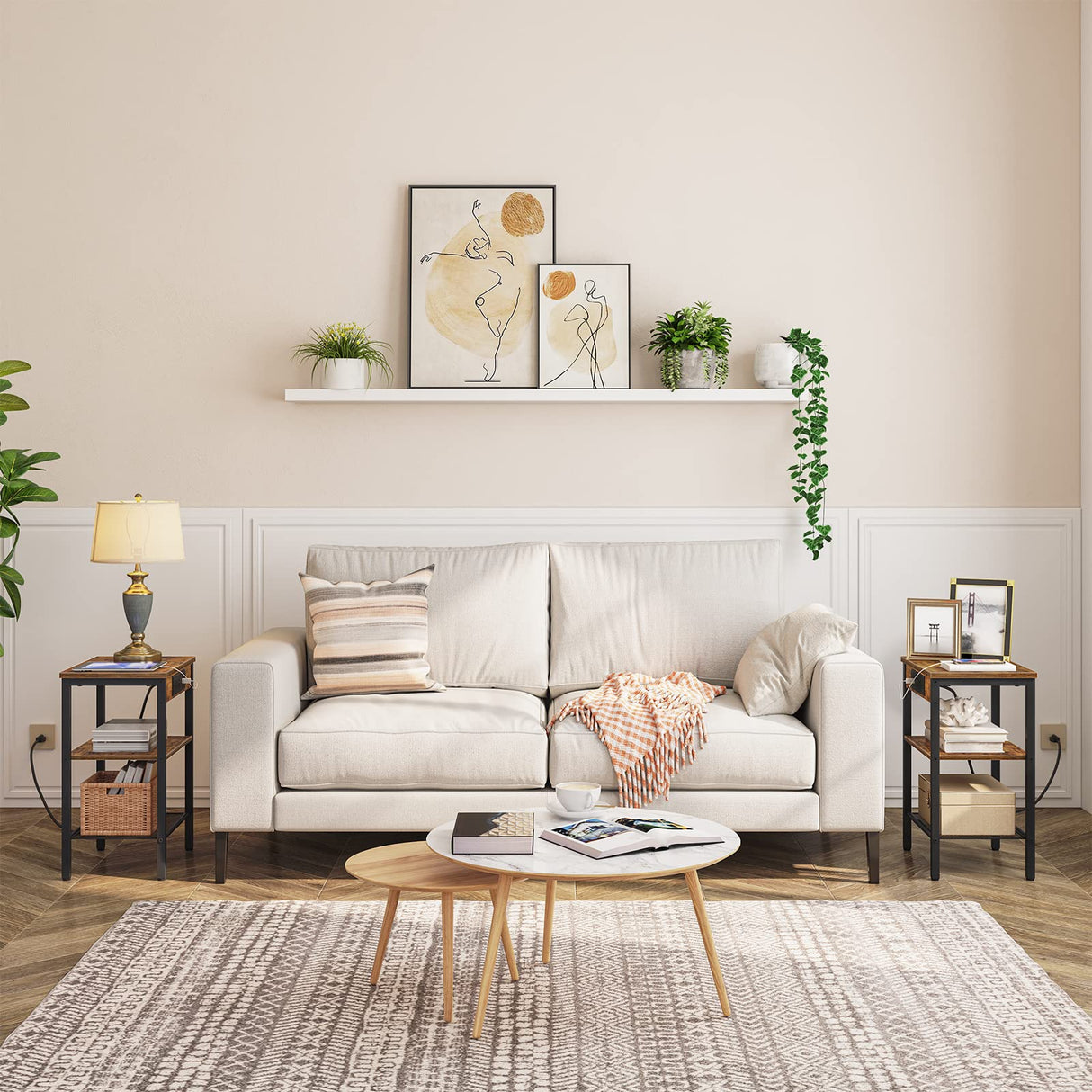 End Table with Charging Station and USB Ports, 3-Tier Nightstand with Adjustable Shelf,
