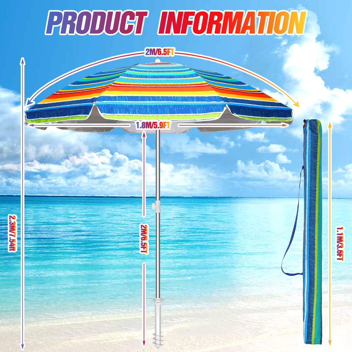 3 Pack 6.5FT Beach Umbrellas for Sand Outdoor Portable Beach